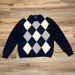 Davis & Squire Argyle Diamond Sweater SZ Large 100% 2 Ply Cashmere Navy Gray